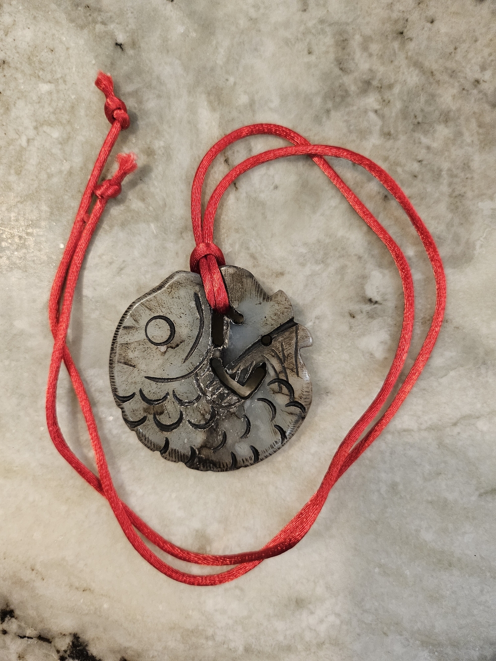 Carved Stone Fish Pendant Necklace On Satin Cord